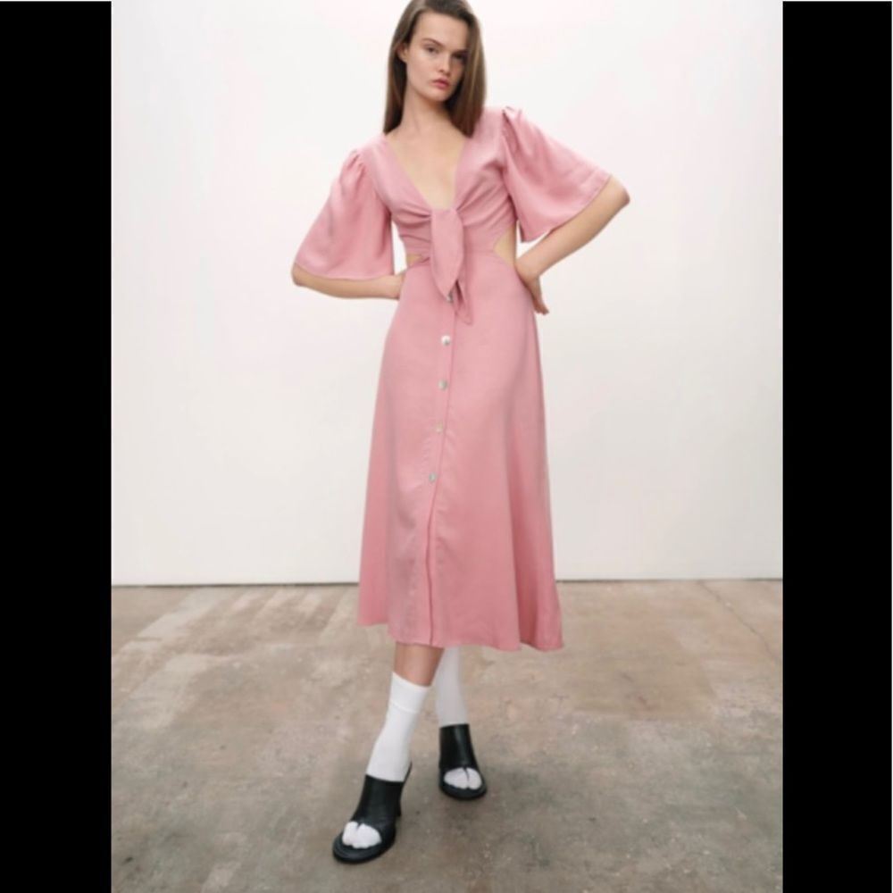 NEW ZARA Y2K boho pink cut out tied front Short sleeves buttons midi dress M